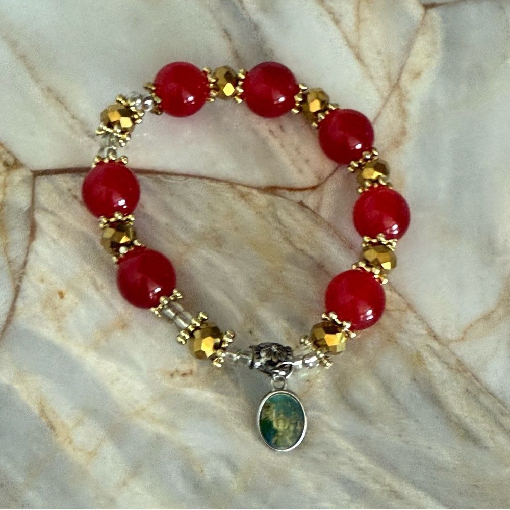 Red and Gold Religious Stretch‎ Bracelet with Icon and Cross Pendant Charm